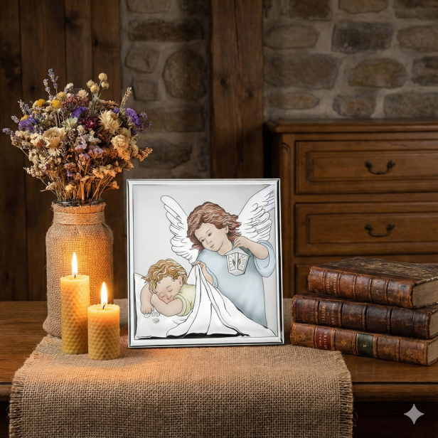 W rustykalnej aranżacji - Obrazek srebrny Anioł Stróż z latarenką