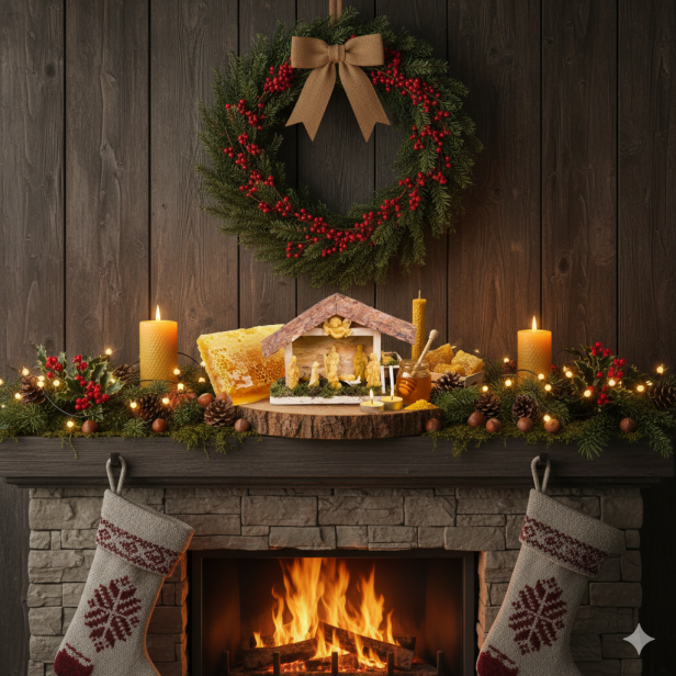 Szopka drewniana z postaciami z wosku pszczelego w aranżacji