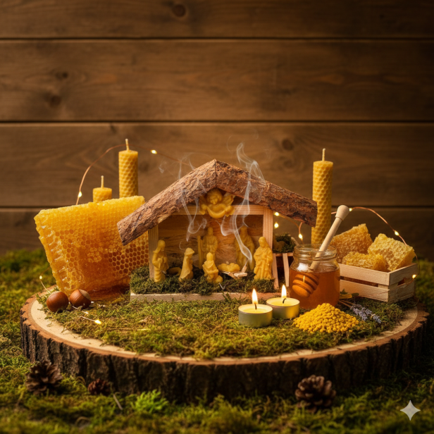 Szopka drewniana z postaciami z wosku pszczelego w aranżacji rustykalnej