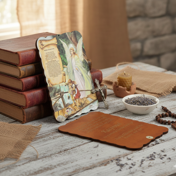 Pastelowy obrazek Anioł Stróż z modlitwą i grawerem – pamiątka Chrztu Świętego