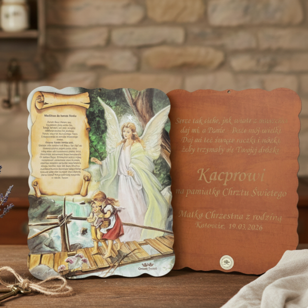 Pastelowy obrazek Anioł Stróż z modlitwą i grawerem – pamiątka Chrztu Świętego