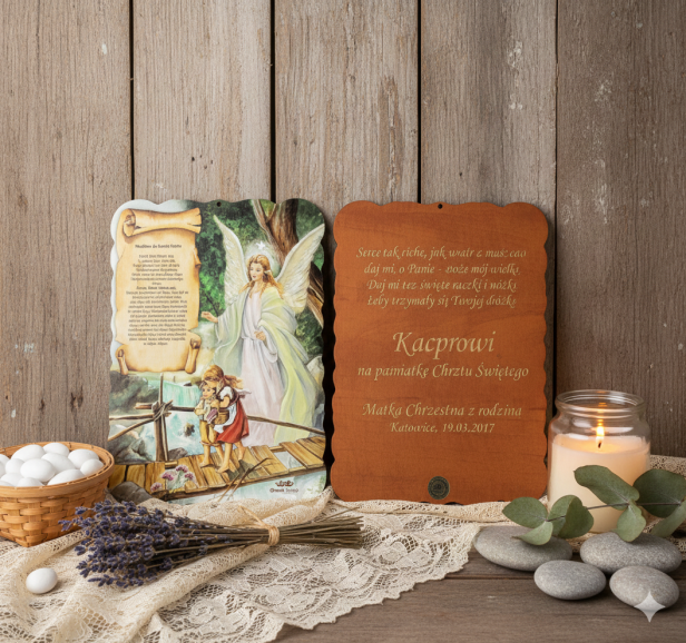 Pastelowy obrazek Anioł Stróż z modlitwą i grawerem – pamiątka Chrztu Świętego