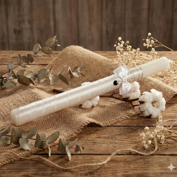 Imienna świeca z Onyksu czarnego w aranżacji rustykalnej