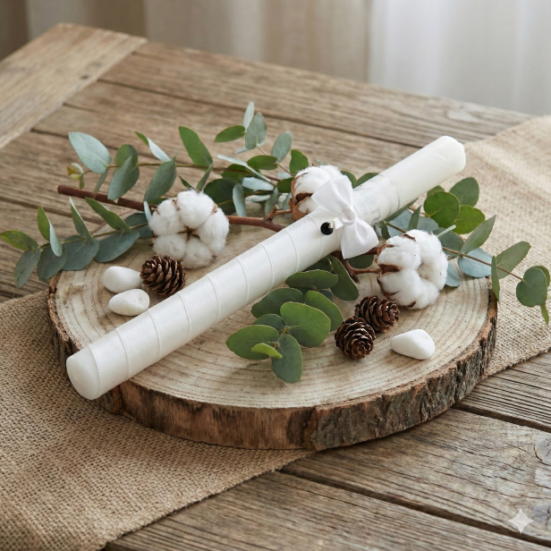 Imienna świeca z Onyksu czarnego w aranżacji z eukaliptusem