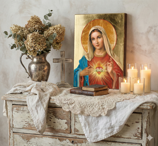 Ikona Niepokalanego Serca Maryi w aranżacji ołtarzyka domowego