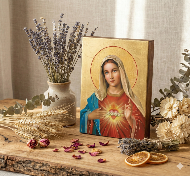 Detal złocenia i kolorystyki – ikona ICONA SACRA™ – Alnus w aranżacji rustykalnej