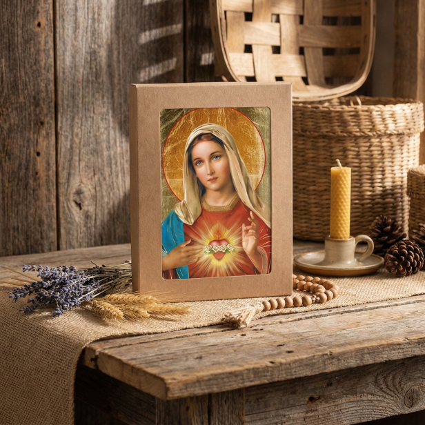 Ikona Niepokalanego Serca Maryi na desce olchowej w pudełku