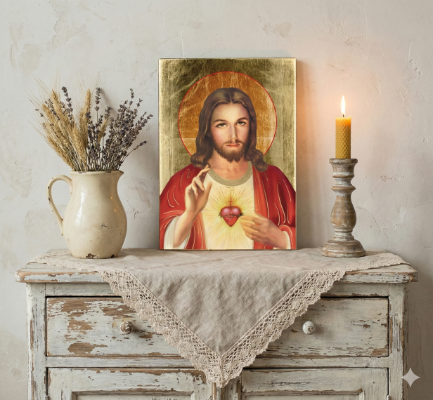 Ikona Najświętszego Serca Jezusa w aranżacji domowego ołtarzyka