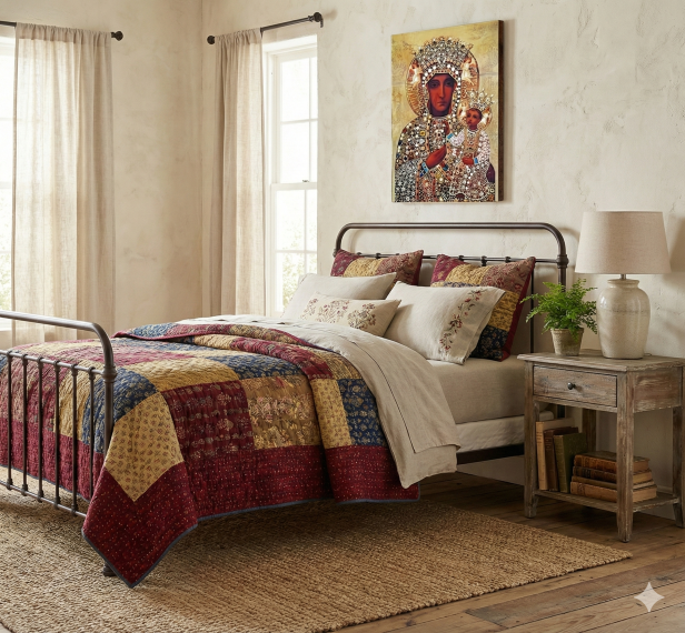 Ikona Matki Bożej Częstochowskiej w aranżacji sypialnii