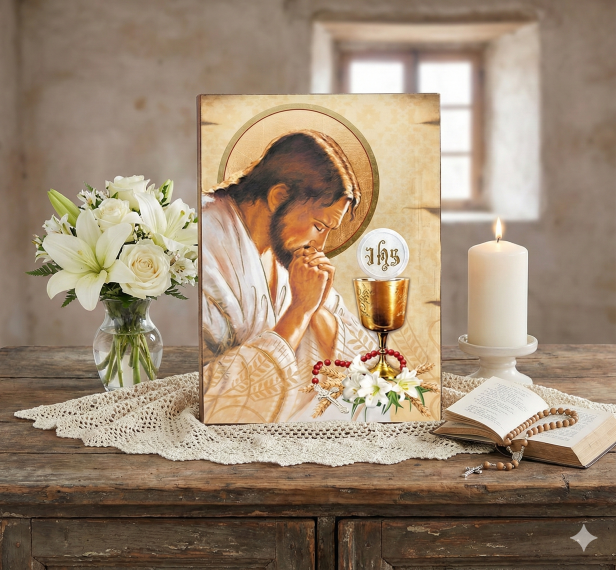 Ikona Chrystusa Eucharystycznego IHS na desce olchowej w komunijnej aranżacji
