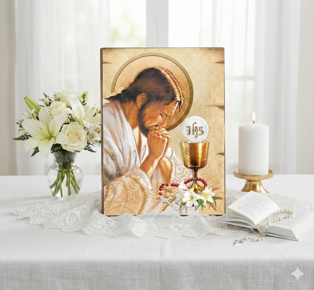 Ikona Chrystusa Eucharystycznego IHS na desce olchowej w jasnej aranżacji