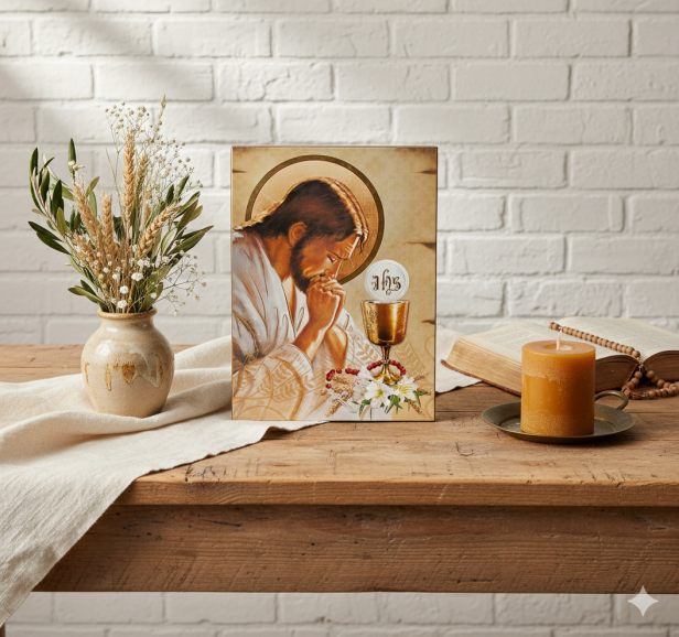 Ikona Chrystusa Eucharystycznego IHS na desce olchowej w rustykalnej aranżacji