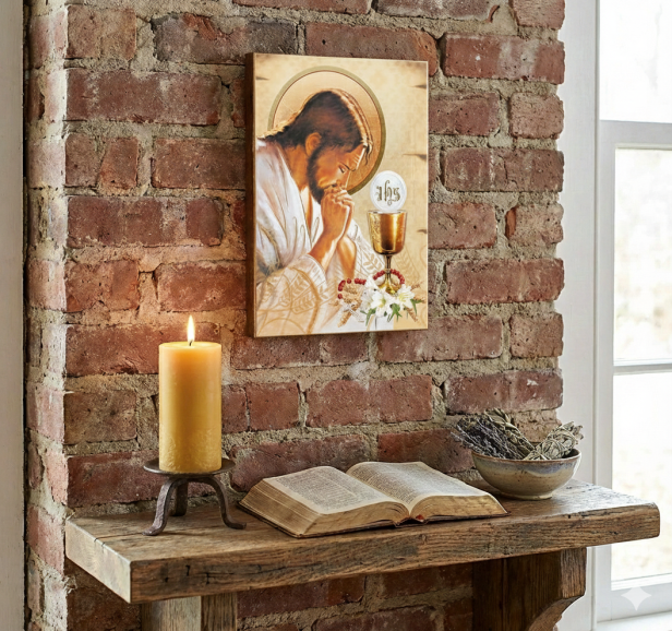 Ikona Chrystusa Eucharystycznego IHS na desce olchowej w aranżacji na ścianie