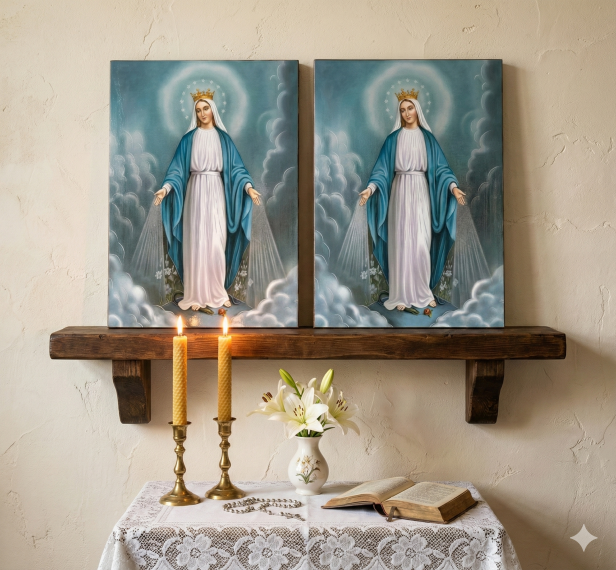 Ikona Matki Bożej Niepokalanej na desce olchowej w aranżacji