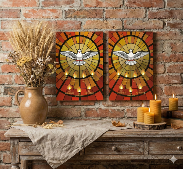 Ikona Ducha Świętego na desce olchowej na ścianie w rustykalnym stylu