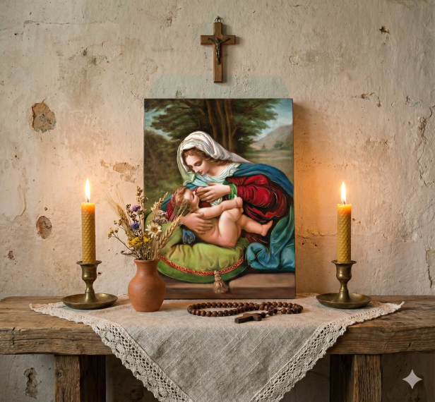 To piękny i pełen spokoju wizerunek „Matki Boskiej Karmiącej” (w sztuce znany jako Maria Lactans) w aranżacji modlitwy