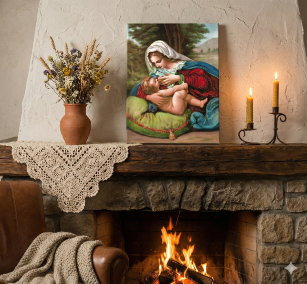 Ikona Matka Boża Karmiąca w aranżacji nad kominkiem