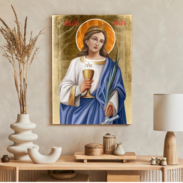 Ikona Świętej Barbary na desce olchowej 17×23 cm z certyfikatem | ICONA SACRA™ – Alnus