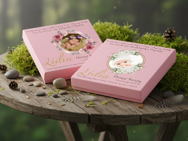 zdjęcie aranżacji, poglądowe Pudełko ZE ZDJĘCIEM maleństwa - Pamiątka Chrztu Świętego etui Royal Pink