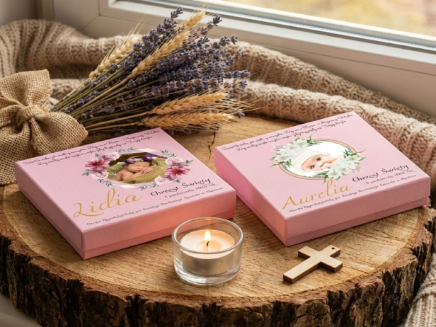 Pudełko ZE ZDJĘCIEM maleństwa - Pamiątka Chrztu PINK