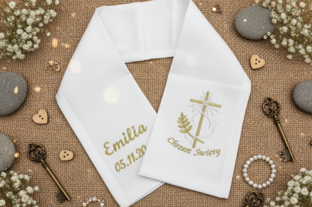 haft komputerowy personalizacja Szatka do Chrztu Świętego w formie szala z haftem „Krzyż Elegancki” – Linia SIGNUM