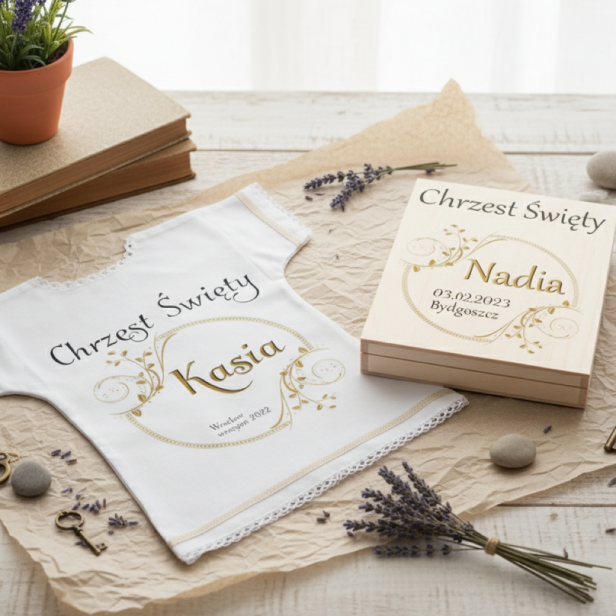 Szatka na Chrzest z motywem RETRO – personalizowana pamiątka Chrztu Świętego w zestawie z pudelkiem drewnianym