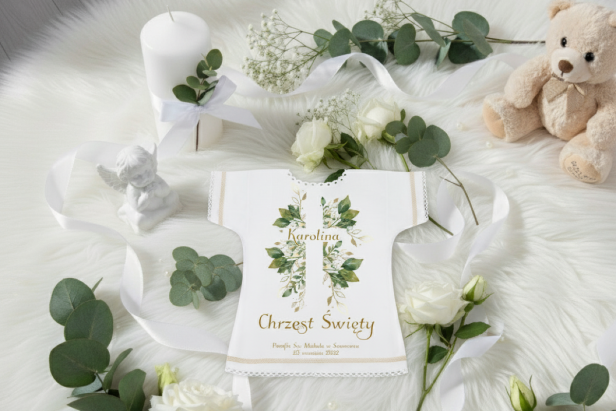 aranżacja  Szatka na Chrzest KRZYŻ – personalizowana koszulka z eukaliptusem