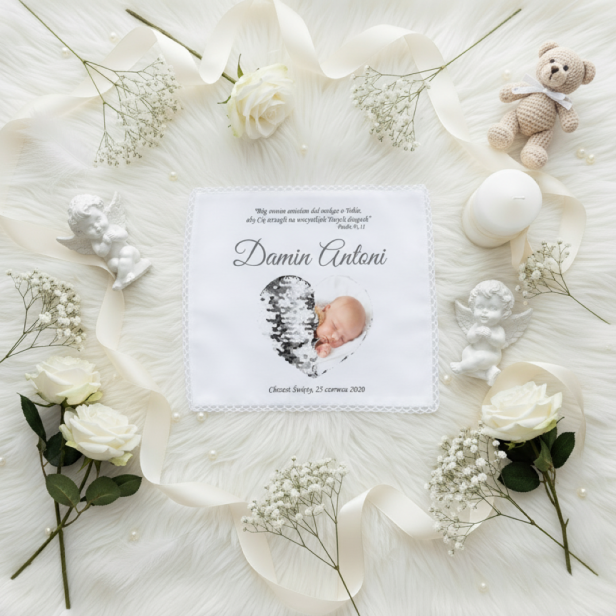 aranżacja Szatka na Chrzest SECRET HEART – chusteczka z cekinami i ukrytym zdjęciem