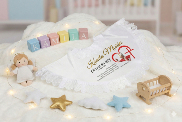 Dziecięca aranżacja - zatka na Chrzest – Linia PURE z imieniem i motywem Jan Paweł II