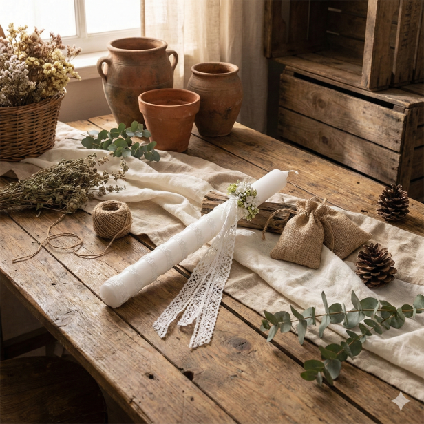 w aranżacji rustykalnej Świeca PREMIUM ze stroikiem – gromnica zdobienie koronkowe | Linia PURE Light®