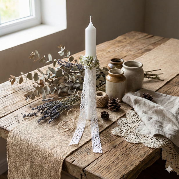 aranżacja rustykalna dla Świeca PREMIUM ze stroikiem – gromnica zdobienie koronkowe | Linia PURE Light®