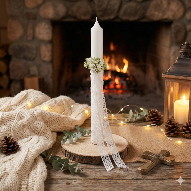 Świeca PREMIUM ze stroikiem – gromnica zdobienie koronkowe | Linia PURE Light® w aranżacji rustykalnej ciepłej