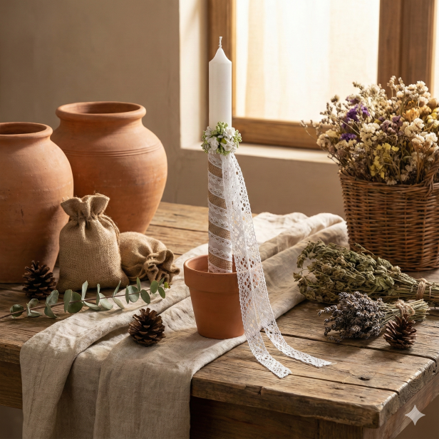 Świeca w ekologicznym stylu ♻ - zdobienie naturalne gromnica ze stroikiem aranżacja rustyklana
