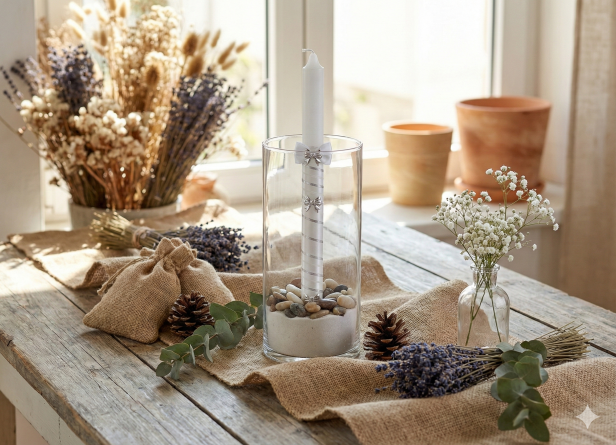 Świeca ręcznie zdobiona - srebrna w aranżacji rystykalnej