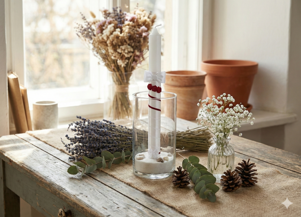 Świeca do Chrztu „Bordo Atlas” w aranżacji rustyklanej