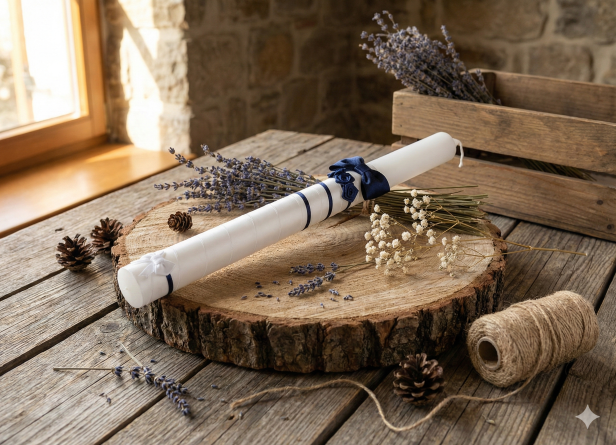 Świeca do Chrztu „Granat Atlas” w aranżacji rustykalnej