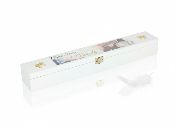 Pudełko drewniane BIAŁE z motywem „Chrzest” – Pamiątka Chrztu Świętego