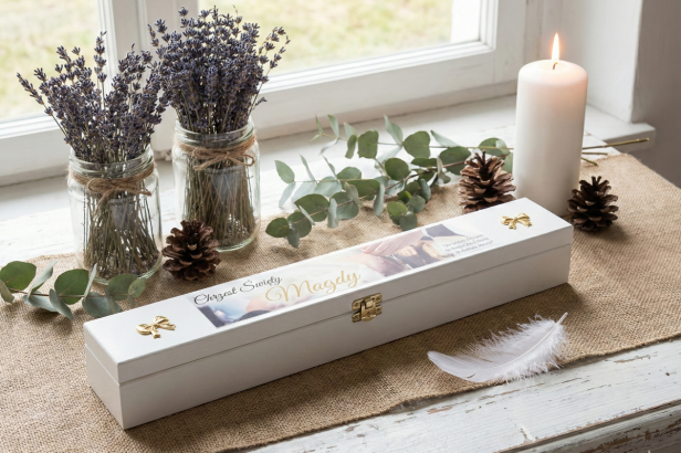 Drewniane pudełko białe na świecę z motywem W ARANŻACJI