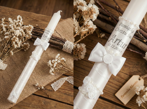 białe zdobienie i personalizacja - świeca chrzcielna imienna