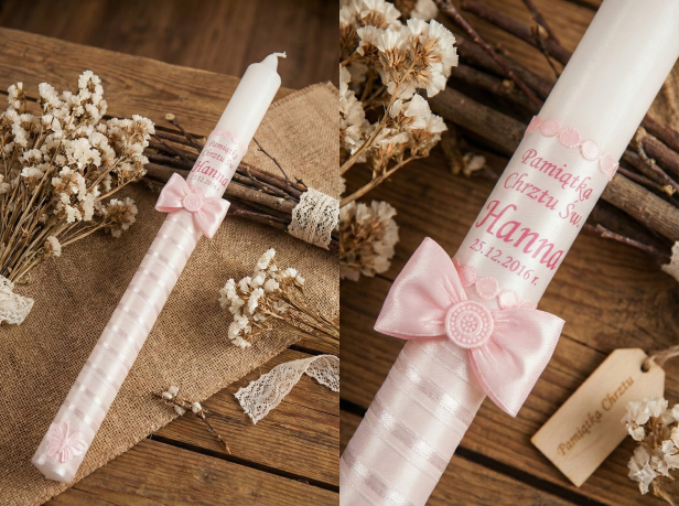 różowe zdobienie i personalizacja - świeca chrzcielna imienna