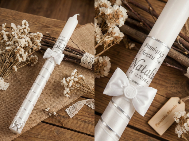 srebrne zdobienie i personalizacja - świeca chrzcielna imienna