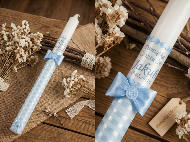 niebieskie zdobienie i personalizacja - świeca chrzcielna imienna