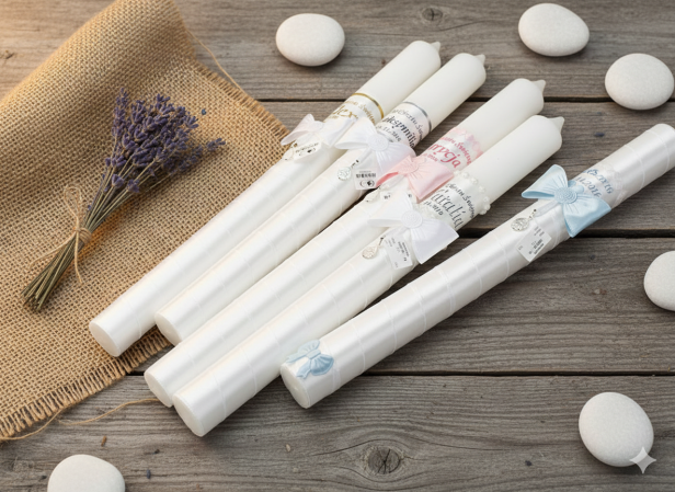 Świeca do Chrztu z imieniem i srebrnym medalikiem – Linia SACRA Medallion PREMIUM w aranżacji