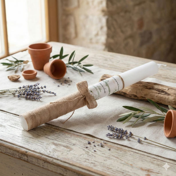 w aranżacji EKO świeca ♻ – jutowe zdobienie | Linia EKO Light® – Personalizowana Pamiątka Chrztu