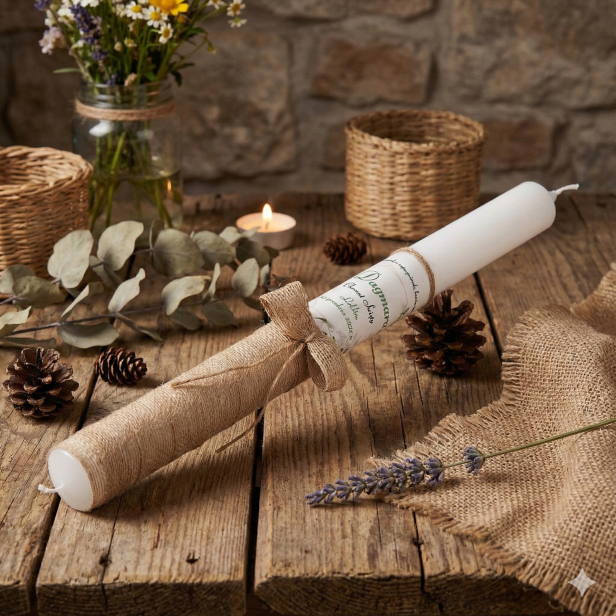 EKO świeca ♻ – jutowe zdobienie | Linia EKO Light® – Personalizowana Pamiątka Chrztu aranżacja