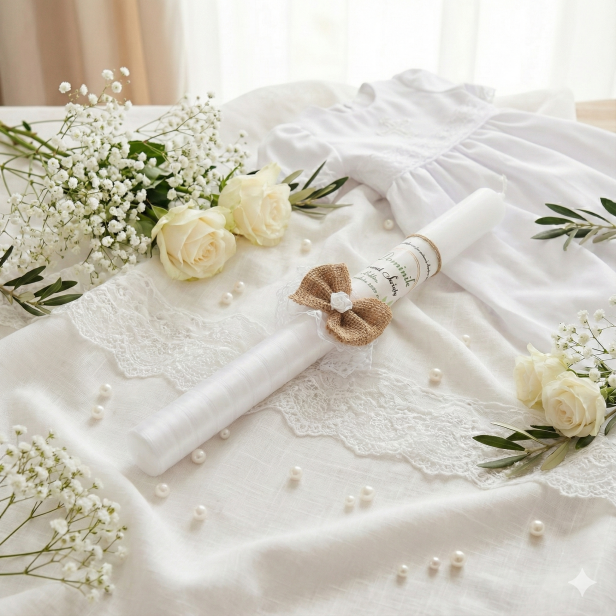 EKO świeca ♻ - jut z szyfonem w aranżacji chrzcielnej