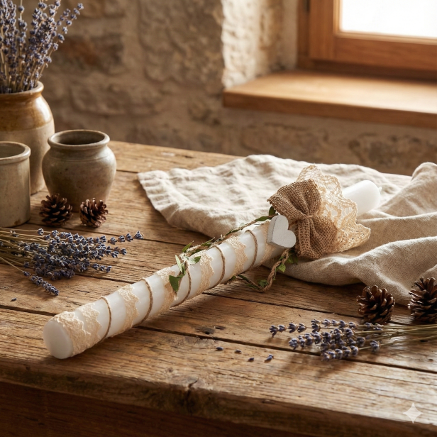 aranżacja rustykalna EKO świeca ♻ – jut z koronką