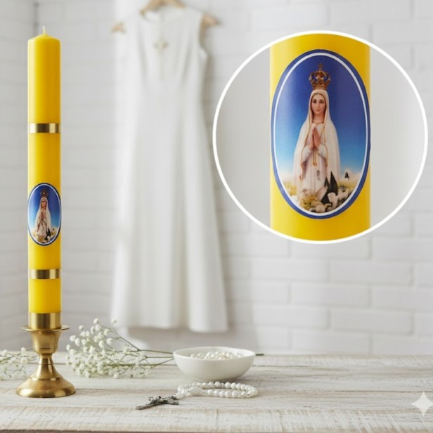 żółta - Świeca gromniczna z wizerunkiem Matki Boskiej Fatimskiej – 30 cm Ø 25 mm