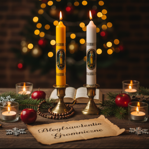 Gromnica parafinowa z wizerunkiem Matki Bożej Gromnicznej, wysokość 30 cm – klasyczna świeca liturgiczna do obrzędów kościelnych