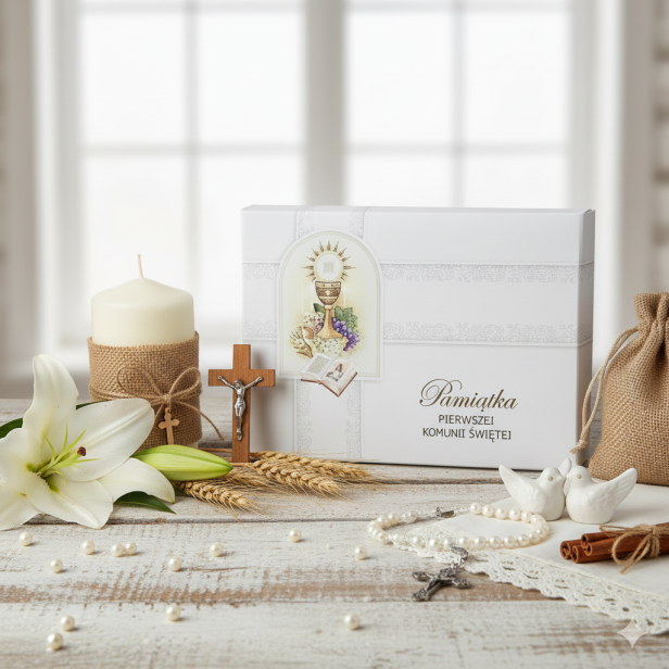 Album pamiątkowy na I Komunię Świętą z modlitwami, sentencjami i miejscem na życzenia, elegancka książeczka komunijna